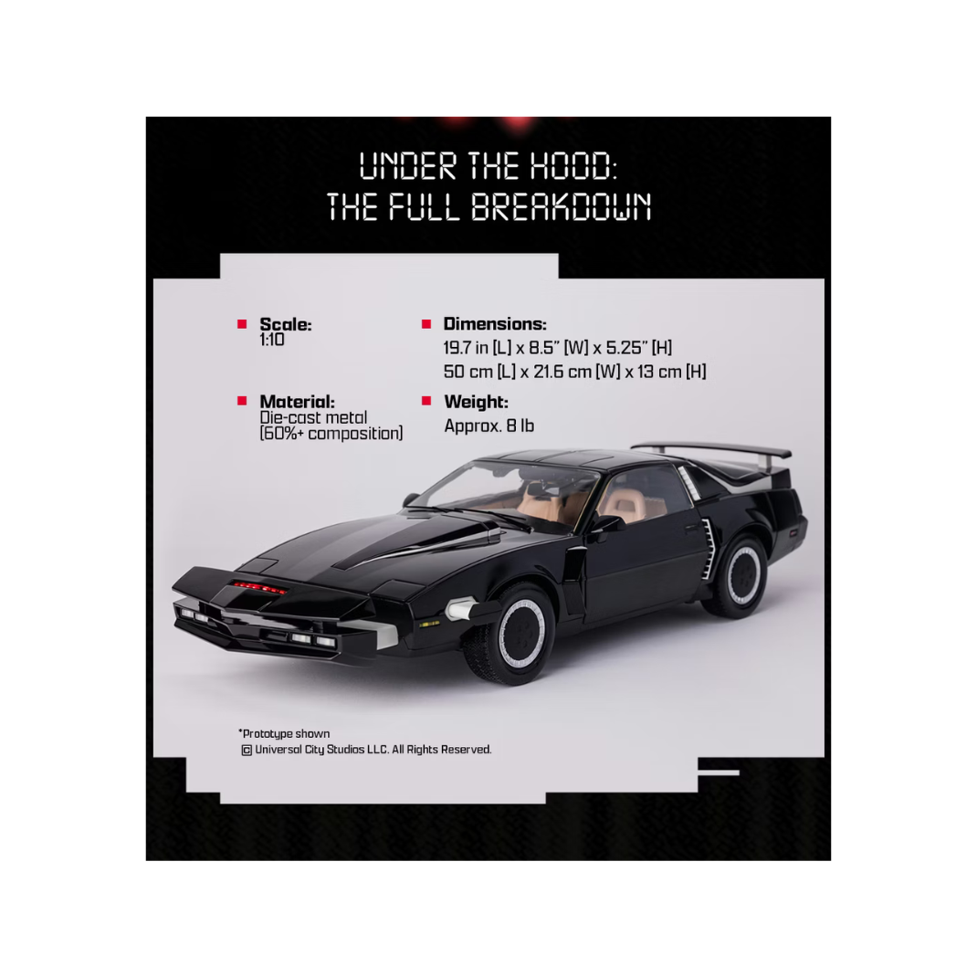 High-quality 1:10 scale replica model of the black Pontiac Trans Am K.I.T.T. from the television show Knight Rider, showing the illuminated red scanner light on the front grille.