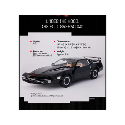 High-quality 1:10 scale replica model of the black Pontiac Trans Am K.I.T.T. from the television show Knight Rider, showing the illuminated red scanner light on the front grille.