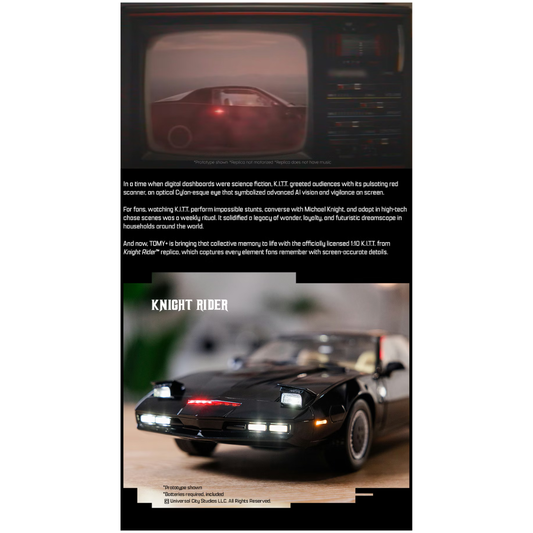 High-quality 1:10 scale replica model of the black Pontiac Trans Am K.I.T.T. from the television show Knight Rider, showing the illuminated red scanner light on the front grille.