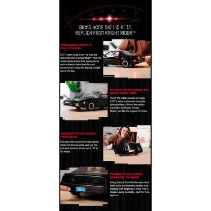 Promotional flyer for a K.I.T.T. replica from Knight Rider with text and images of the car.