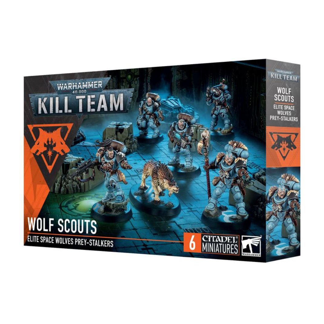A squad of ten Space Wolves Wolf Scouts armed with sniper rifles, shotguns, and combat knives, featuring furs and Fenrisian runes.