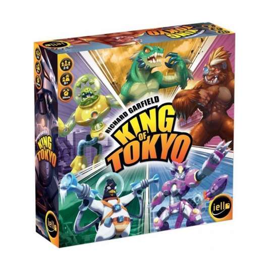 Board game box for 'King of Tokyo' featuring characters and logos on a white background