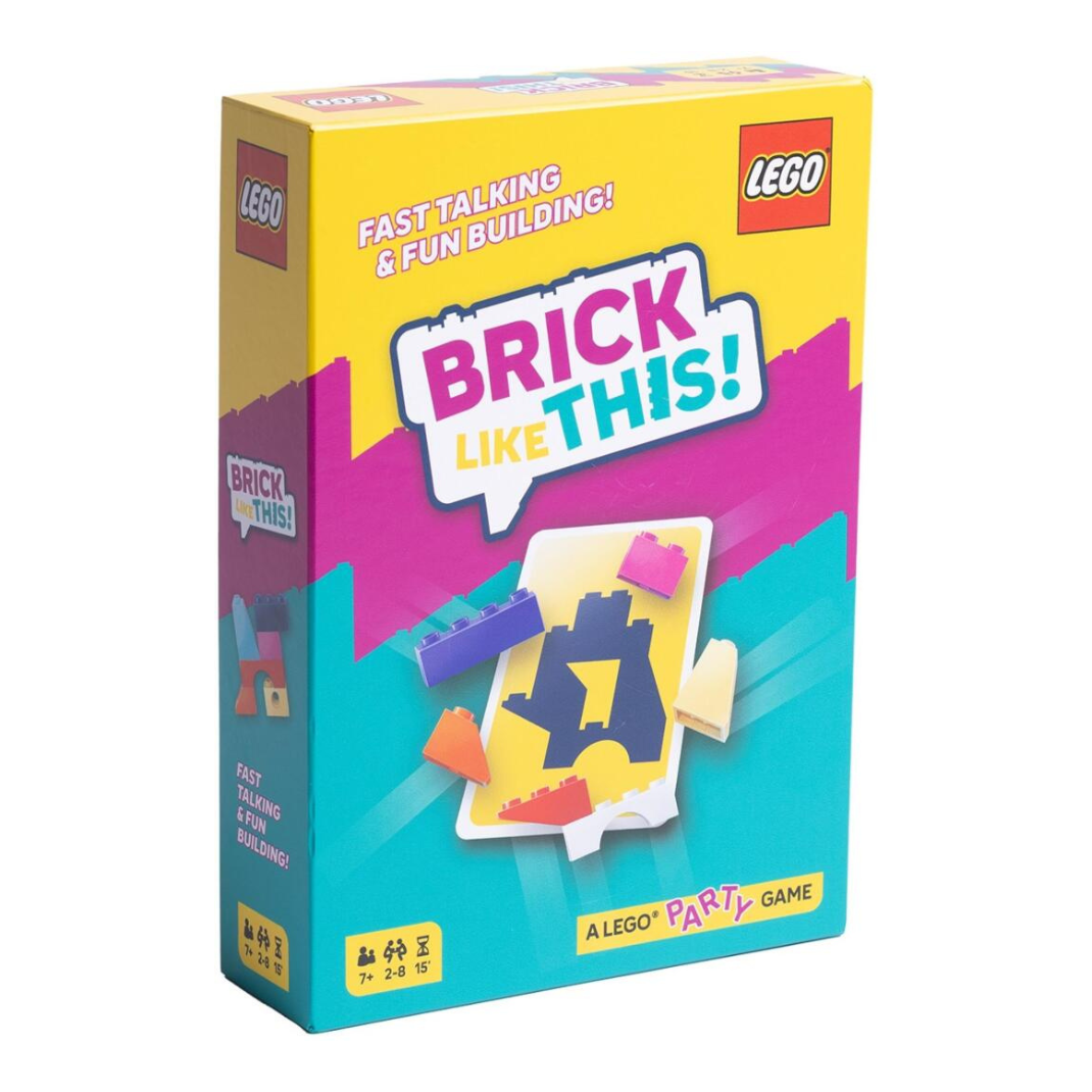 The box art for the LEGO Brick Like This! party game, featuring vibrant colors, various LEGO bricks, and a 30-second sand timer.
