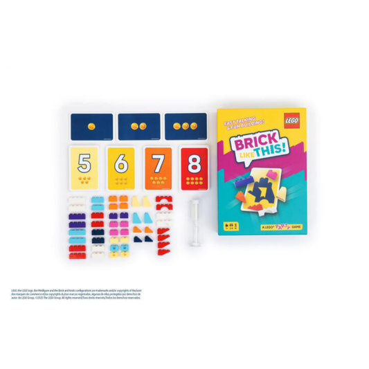 The box art for the LEGO Brick Like This! party game, featuring vibrant colors, various LEGO bricks, and a 30-second sand timer.