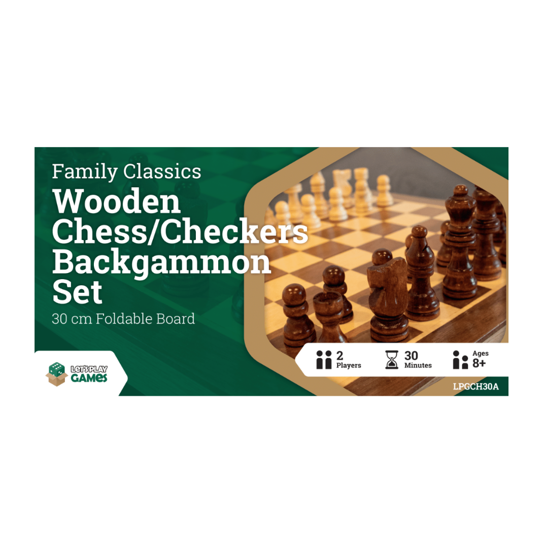 A 30cm wooden folding board game set shown open to display the checkers/chess surface and the interior backgammon field with all wooden pieces and dice.