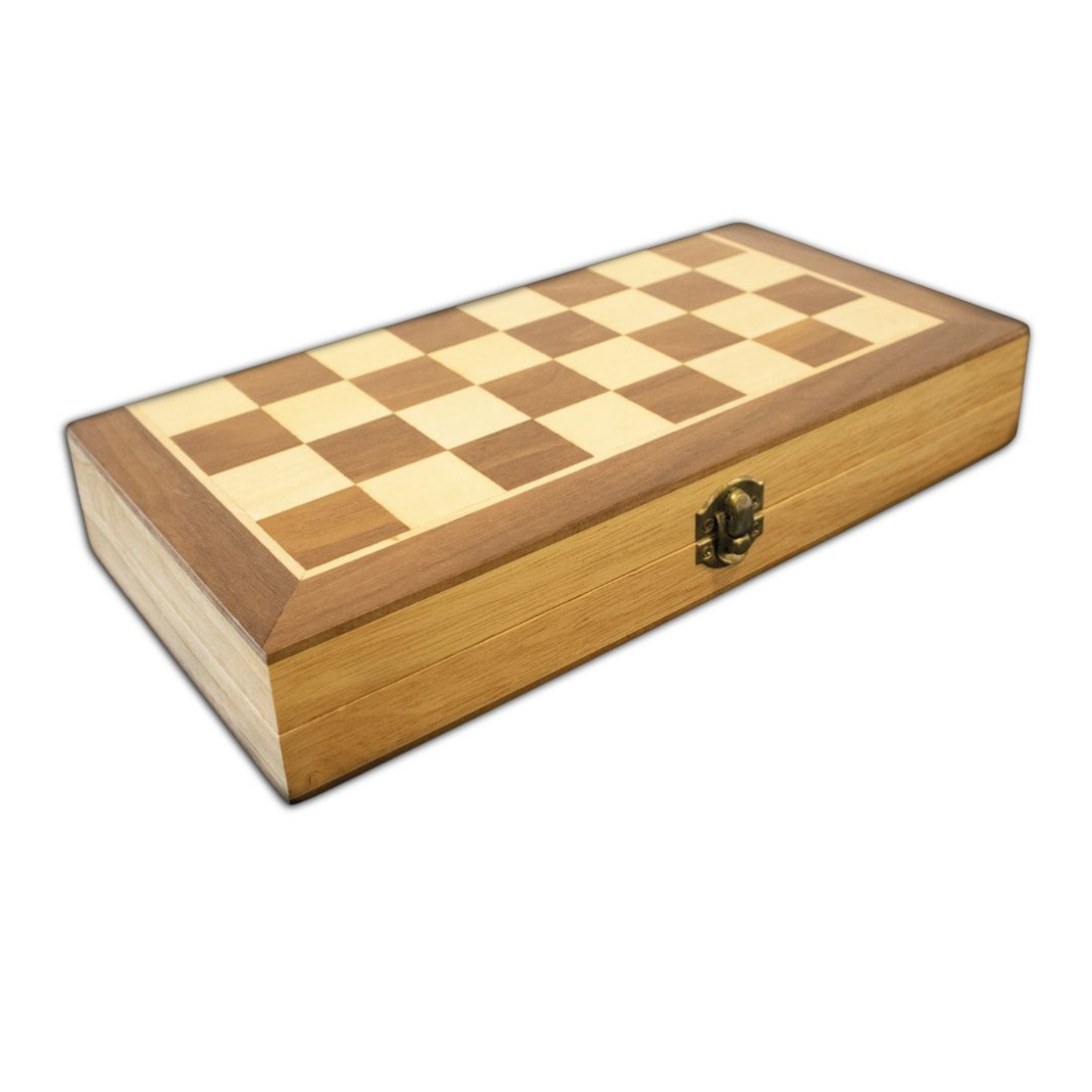 A 30cm wooden folding board game set shown open to display the checkers/chess surface and the interior backgammon field with all wooden pieces and dice.