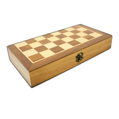 A 30cm wooden folding board game set shown open to display the checkers/chess surface and the interior backgammon field with all wooden pieces and dice.