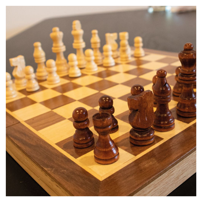 A 30cm wooden folding board game set shown open to display the checkers/chess surface and the interior backgammon field with all wooden pieces and dice.