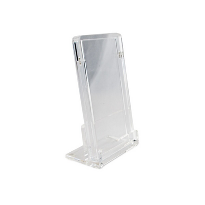 Clear acrylic booster pack display case on its stand, side view