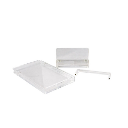 LPG Essentials acrylic booster pack case, stand and support bar laid out unassembled