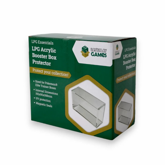 LPG Essentials Acrylic Collector Box housing a Pokémon Elite Trainer Box – stackable with UV protection