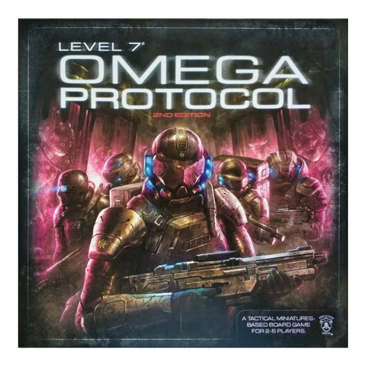 Level 7: Omega Protocol (2nd Edition) board game components including miniatures, map tiles, cards, and tokens