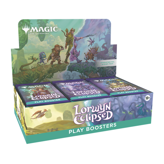 The Magic: The Gathering Lorwyn Eclipsed Play Booster Box, featuring key art of Ashling and the dual suns/moons of the plane.