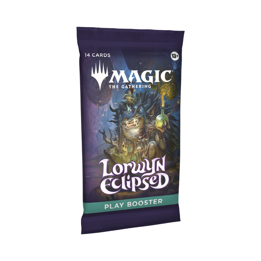 A Magic: The Gathering Lorwyn Eclipsed Play Booster pack featuring key art of the dual-aspect sun and moon gods, Eirdu and Isilu.