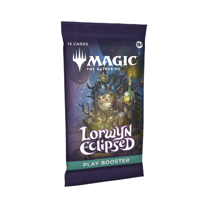 A Magic: The Gathering Lorwyn Eclipsed Play Booster pack featuring key art of the dual-aspect sun and moon gods, Eirdu and Isilu.