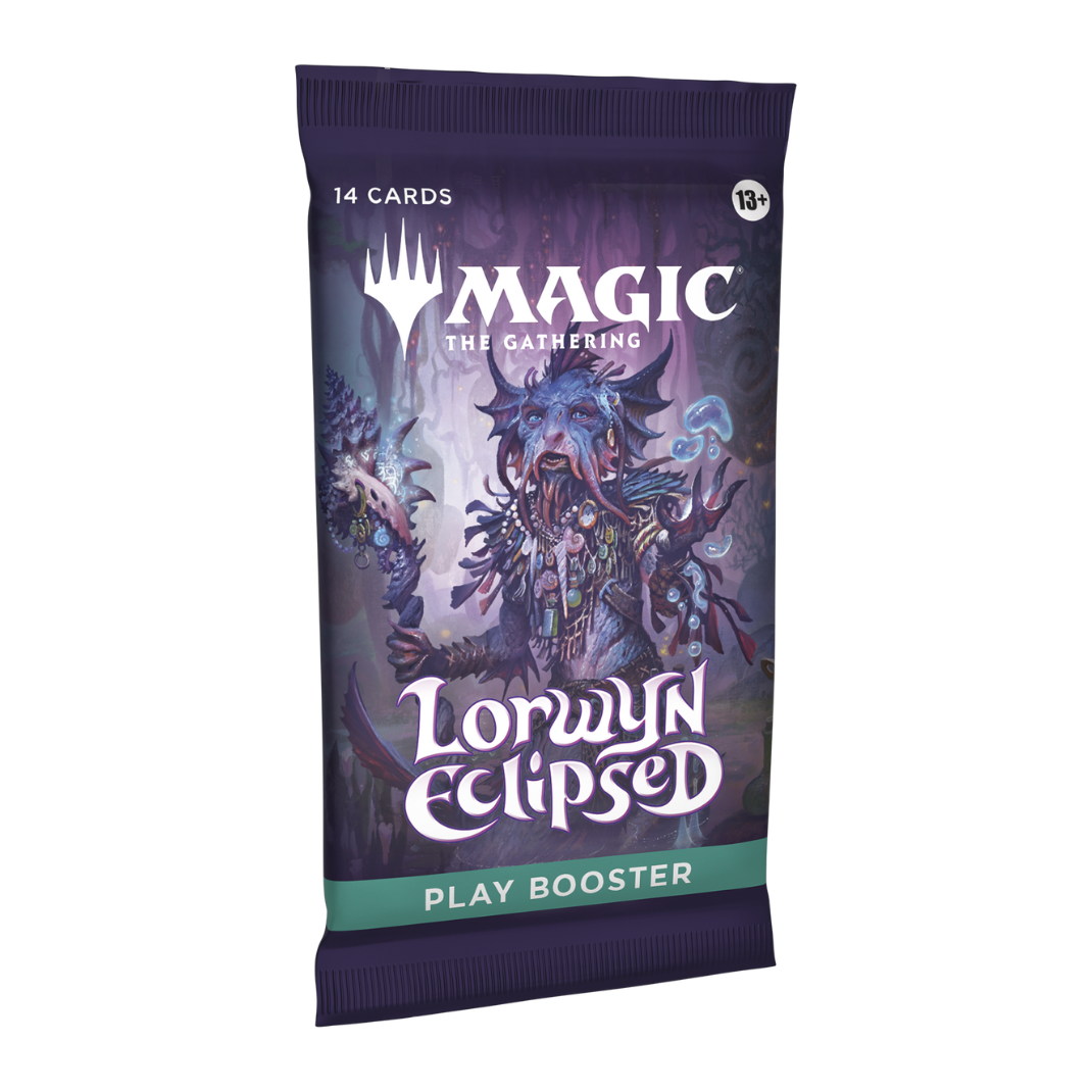 A Magic: The Gathering Lorwyn Eclipsed Play Booster pack featuring key art of the dual-aspect sun and moon gods, Eirdu and Isilu.