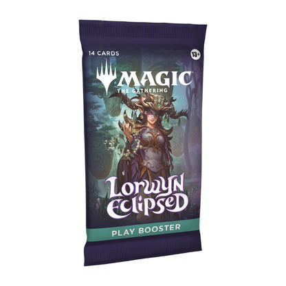 A Magic: The Gathering Lorwyn Eclipsed Play Booster pack featuring key art of the dual-aspect sun and moon gods, Eirdu and Isilu.