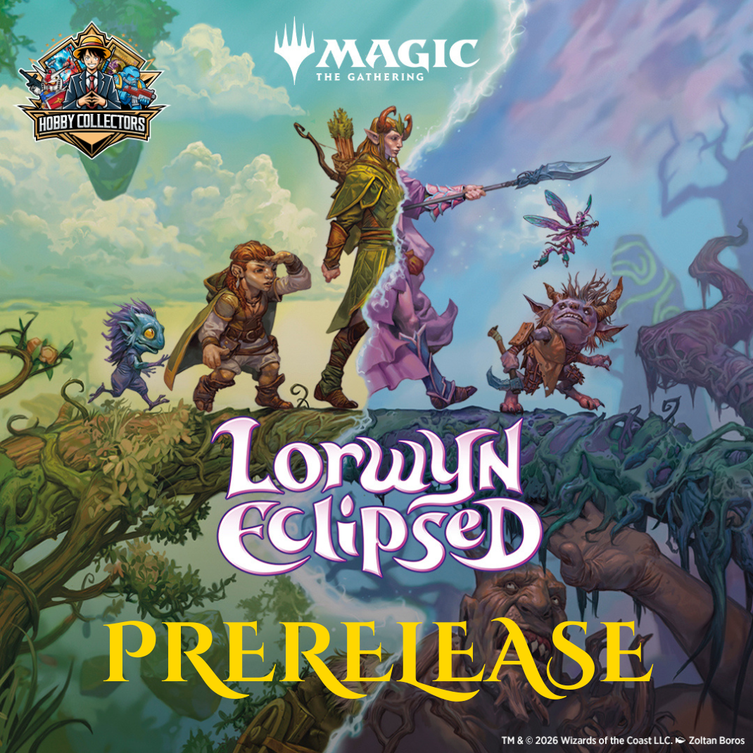 Magic The Gathering Lorwyn Eclipsed Prerelease Kit with Hobby Collectors Australia logo on a gaming table.