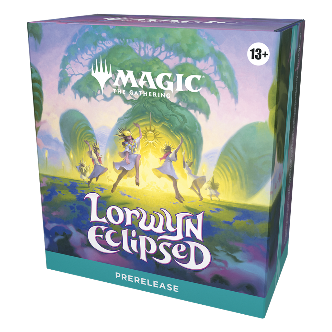 Prerelease pack for 'Lorwyn Eclipsed' from 'Magic: The Gathering' with colorful design and characters.