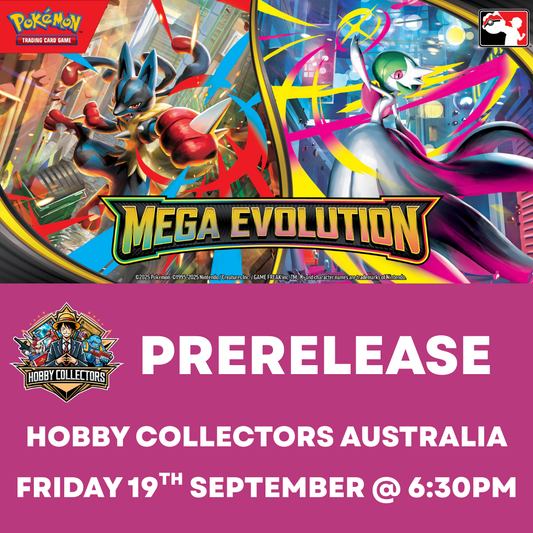 Pokémon TCG: Mega Evolution Prerelease event at Hobby Collectors Australia on Friday 19th September 2025, featuring Build & Battle Boxes and bonus booster packs.