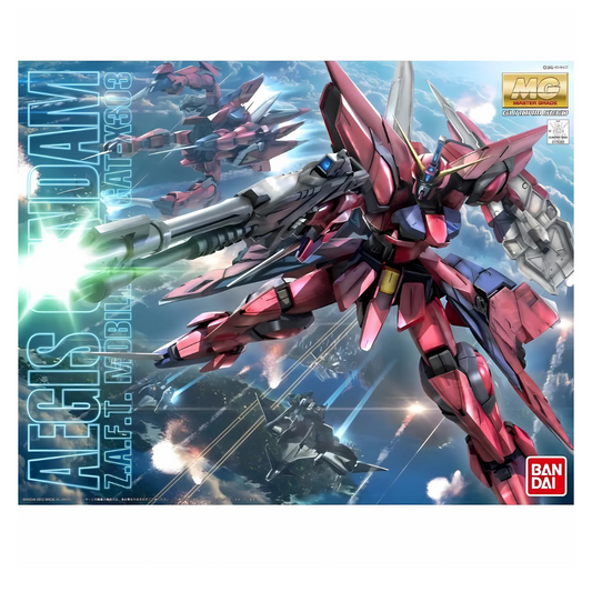 Bandai MG 1/100 Aegis Gundam model kit fully built in Mobile Suit mode with beam rifle drawn
