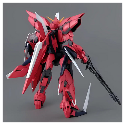Bandai MG 1/100 Aegis Gundam model kit fully built in Mobile Suit mode with beam rifle drawn