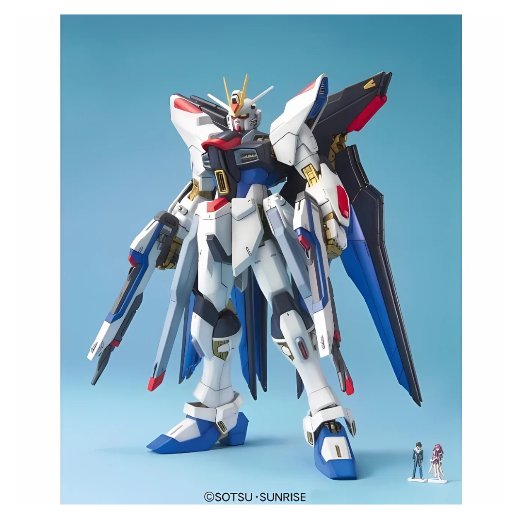 Bandai MG Strike Freedom Gundam 1/100 fully built with wings deployed and beam rifles drawn
