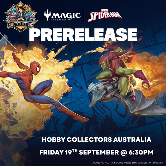 Magic: The Gathering – Spider-Man prerelease event promotional banner at Hobby Collectors Australia on 19th September 2025.