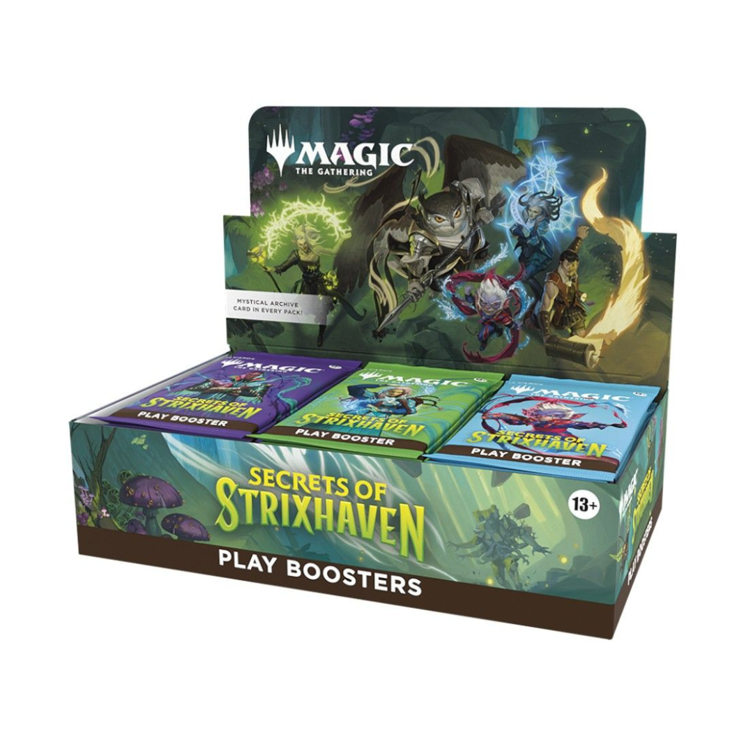 A sealed Magic: The Gathering Secrets of Strixhaven Play Booster Display box featuring the university's magical crest and architectural motifs from the Biblioplex.