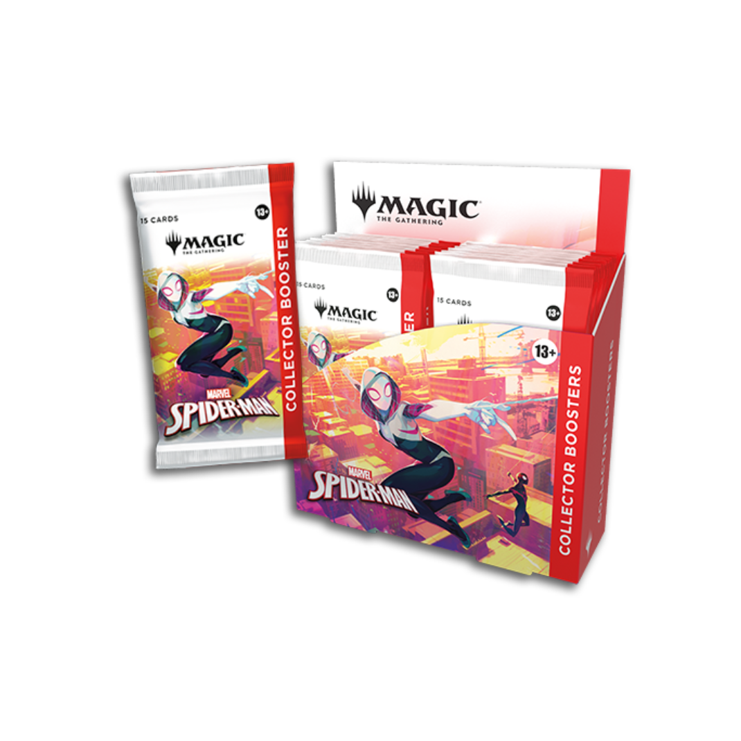 Magic: The Gathering Spider-Man Collector Booster Display box featuring premium MTG Marvel crossover cards with exclusive foils and Spider-Man artwork.