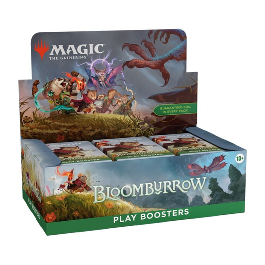 The Magic: The Gathering Bloomburrow Play Booster Display box, featuring a group of heroic animalfolk like Mice, Squirrels, and Birds in a lush woodland setting.