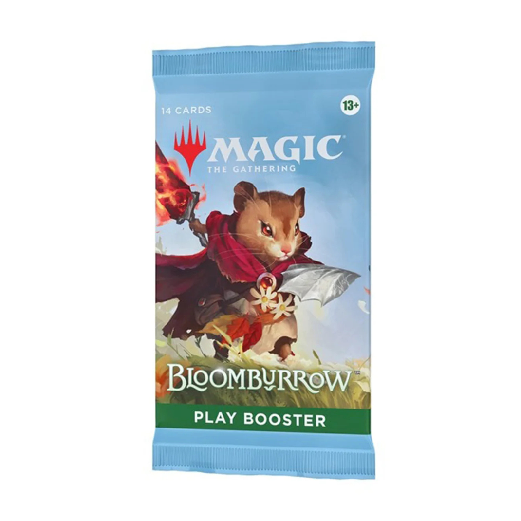 A single Magic: The Gathering Bloomburrow Play Booster Pack featuring the mouse hero Mabel and a lush forest background.