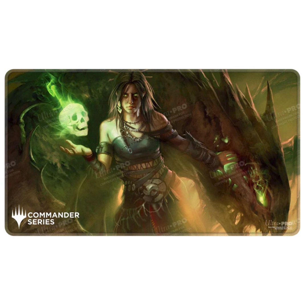 A premium Magic: The Gathering stitched playmat featuring the legendary character Meren of Clan Nel Toth with a green and black necromantic theme.