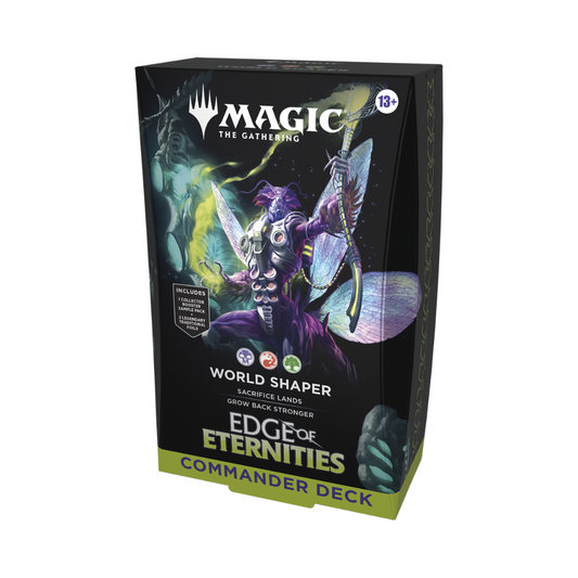 Magic: The Gathering Edge of Eternities Commander Deck – World Shaper box with 100 cards, tokens, foil Commander, and deck box.