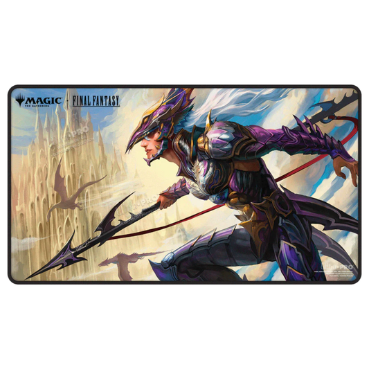 A premium Magic: The Gathering playmat featuring Kain, Traitorous Dragoon from Final Fantasy with black stitched edges and high-definition artwork.