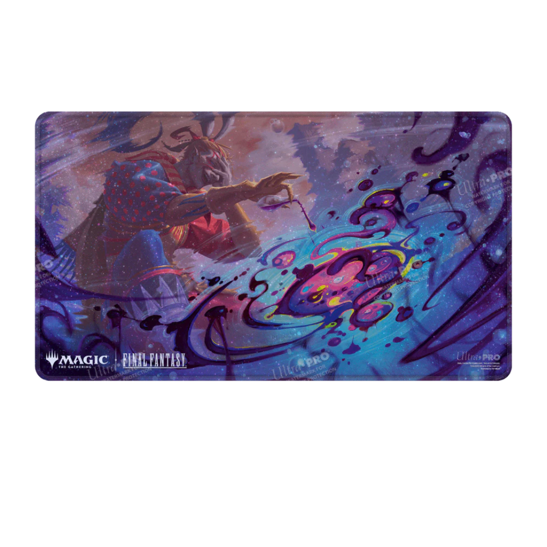 A shimmering Holofoil playmat for Magic: The Gathering featuring the Poison the Waters artwork from the Final Fantasy collection with stitched edges.