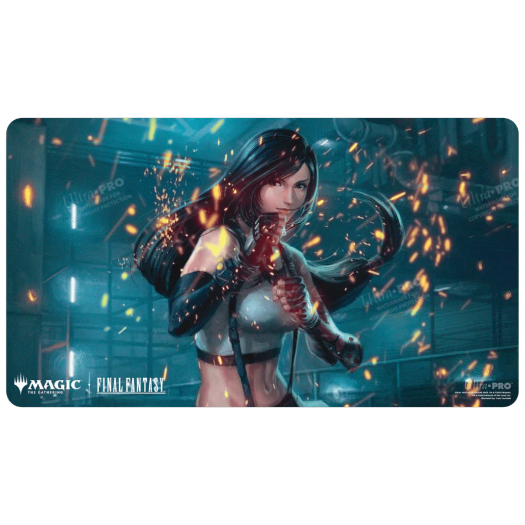 A premium Magic: The Gathering playmat featuring the character Tifa Lockhart as "Tifa, Martial Artist" from the Final Fantasy collection.