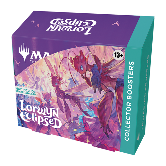 The Magic: The Gathering Lorwyn Eclipsed Collector Booster Display box, highlighting the Rebecca Guay Bitterbloom Bearer and Japan Showcase card art.