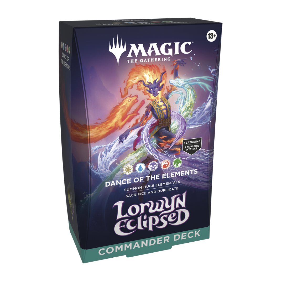 The Magic: The Gathering Lorwyn Eclipsed Dance of the Elements Commander Deck box, featuring Ashling, the Limitless surrounded by prismatic elemental energy.