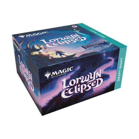 The Magic: The Gathering Lorwyn Eclipsed Draft Night box, showing the 12 Play Boosters, 90 Lands, and the Collector Booster prize pack.
