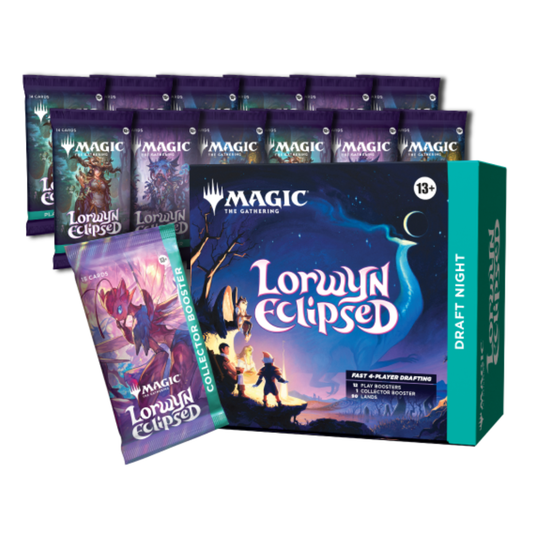The Magic: The Gathering Lorwyn Eclipsed Draft Night box, showing the 12 Play Boosters, 90 Lands, and the Collector Booster prize pack.