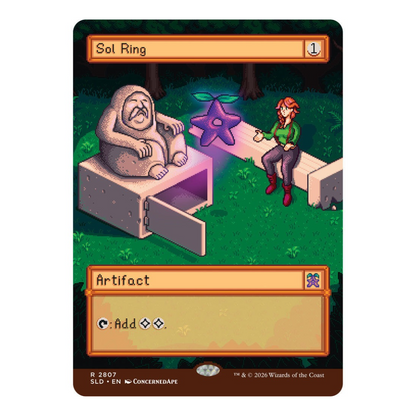 Magic: The Gathering Secret Lair x Stardew Valley Welcome to Stardew Valley non-foil, front of box with ConcernedApe pixel art Sol Ring
