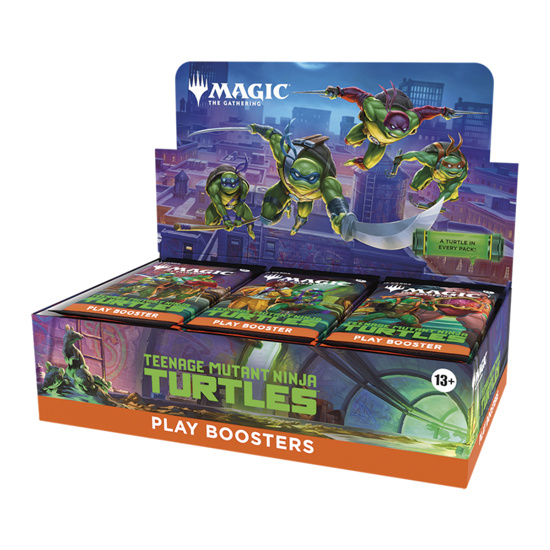 The official Magic: The Gathering | Teenage Mutant Ninja Turtles Play Booster Display box art featuring the four Ninja Turtles in a dynamic battle pose.