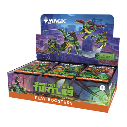 The official Magic: The Gathering | Teenage Mutant Ninja Turtles Play Booster Display box art featuring the four Ninja Turtles in a dynamic battle pose.