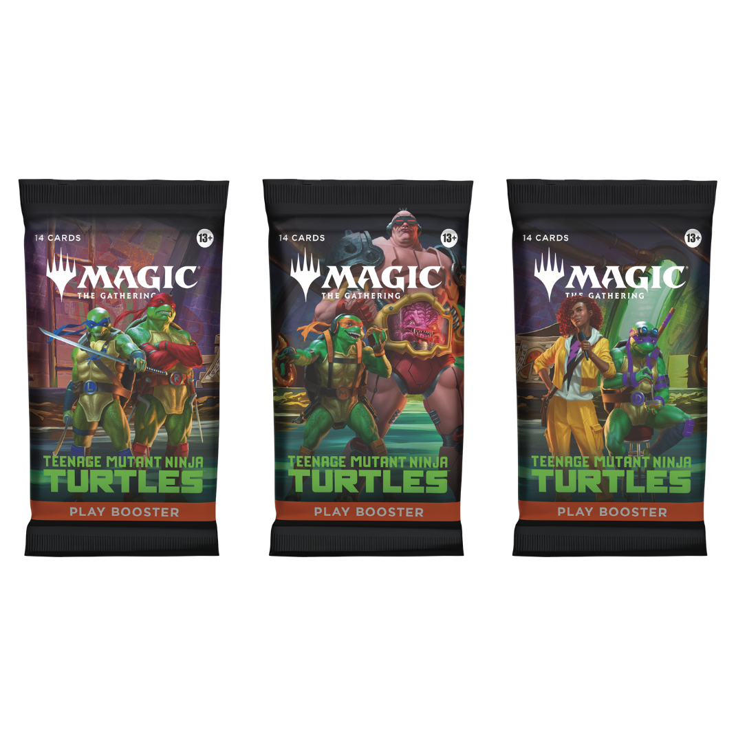 The official Magic: The Gathering | Teenage Mutant Ninja Turtles Play Booster Display box art featuring the four Ninja Turtles in a dynamic battle pose.
