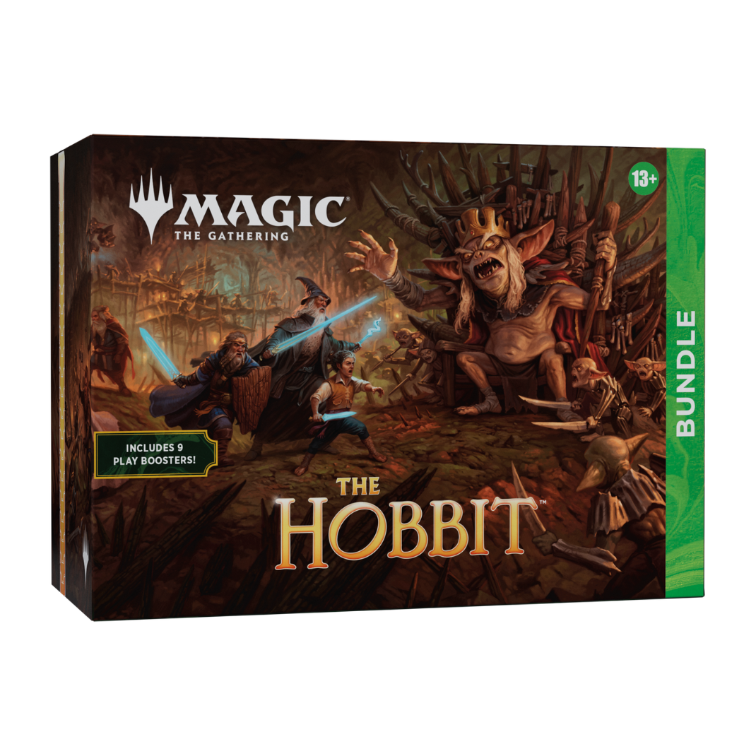 Magic The Gathering The Hobbit Bundle nine Play Boosters foil seasonal Shire lands exclusive promo alt-art card storage box Spindown sealed English pre-order