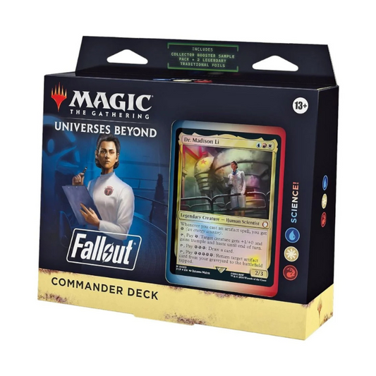 Magic: Universes Beyond Fallout Commander Deck – Science! sealed product box featuring Dr. Madison Li and futuristic Fallout artwork