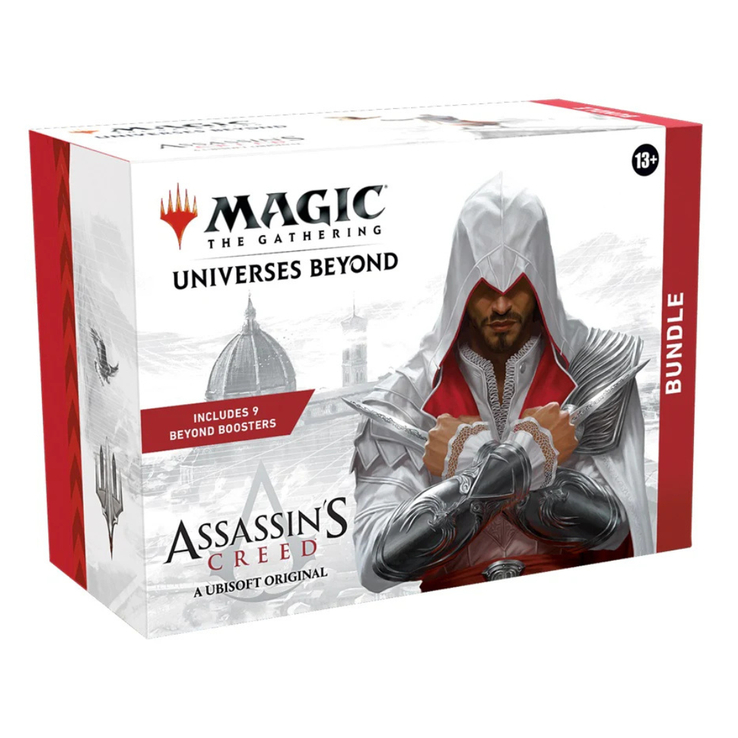 Magic: The Gathering Assassin’s Creed Bundle box showing the Spindown life counter and Beyond Booster packs.