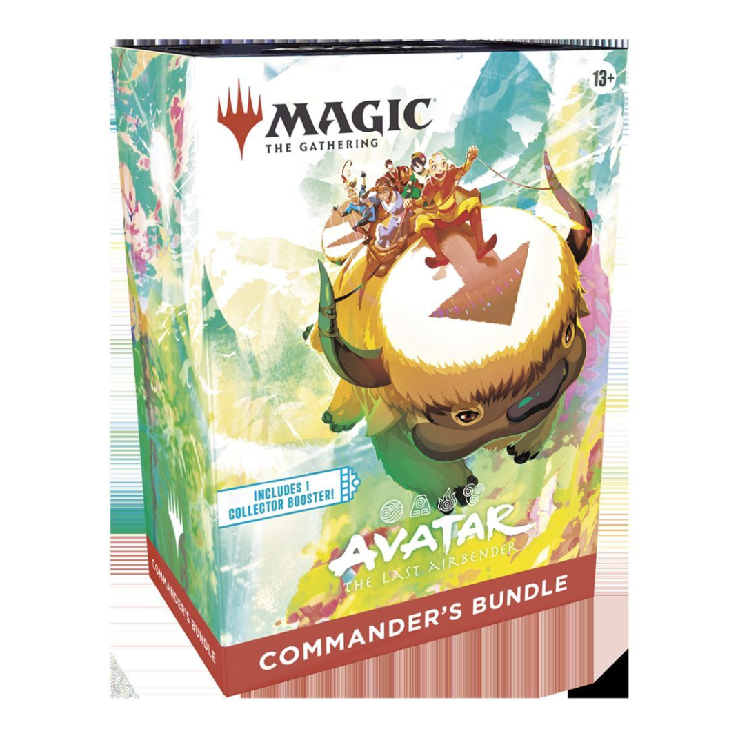 Magic Avatar: The Last Airbender Commander’s Bundle box — includes Play Boosters, Collector Booster, themed Sol Ring, Arcane Signet & Swiftfoot Boots, full-art lands