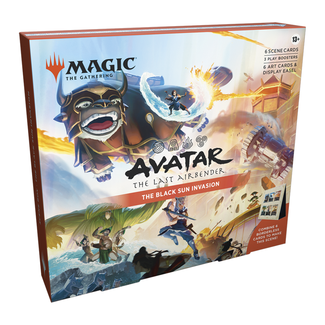 Magic: The Gathering – Avatar: The Last Airbender Scene Box (The Black Sun Invasion) showing panoramic cards of the Fire Nation invasion under the eclipse
